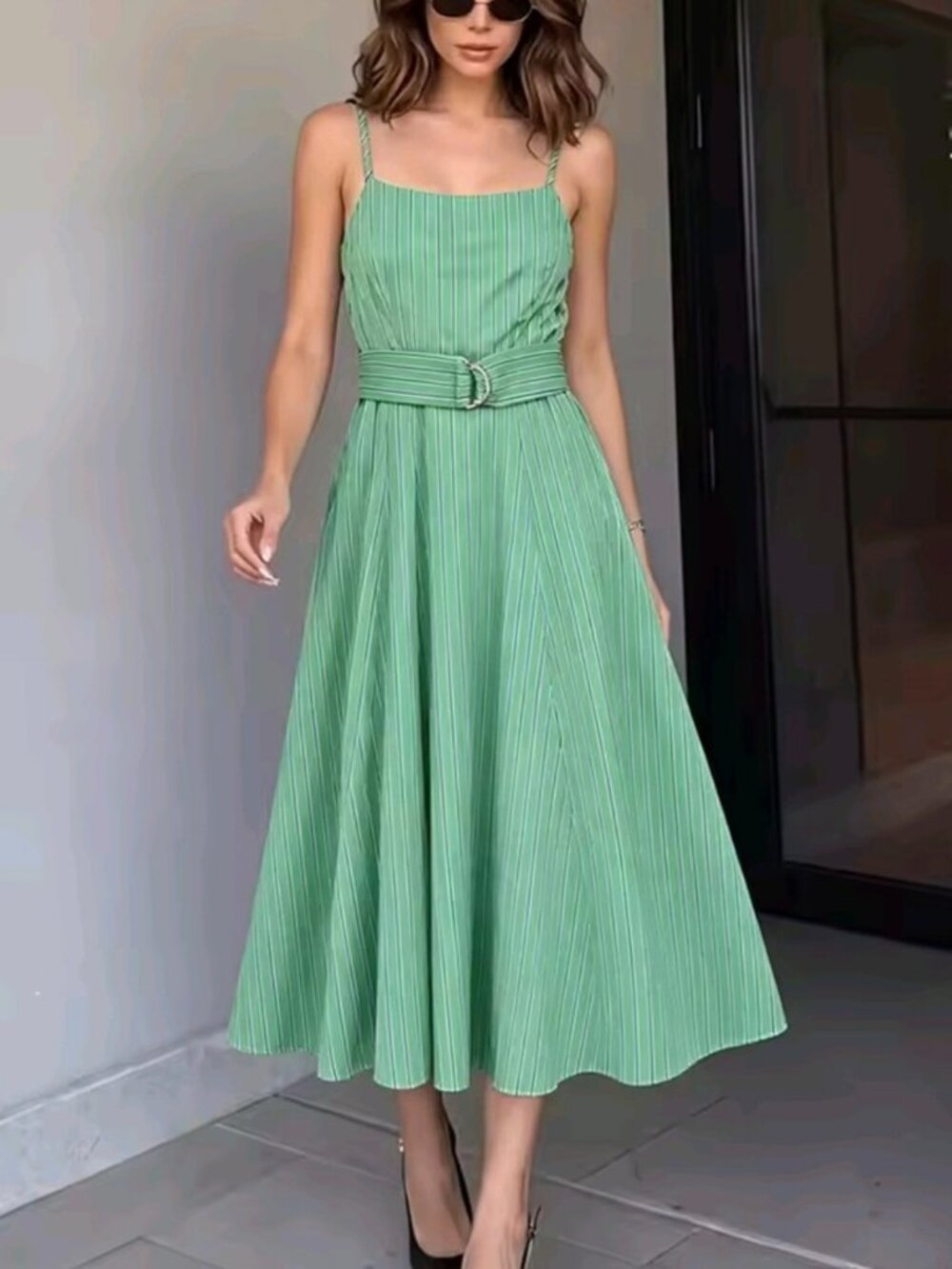 Elegant Women Stripe Slip Long Dress Pleated Sleeveless Backless Sexy Belt Dress